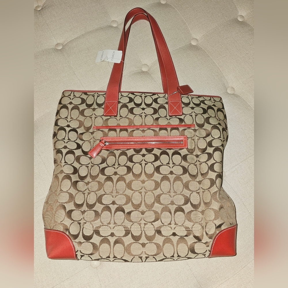 NWT Vintage COACH Soft Signature Large Zip Top  Tote Khaki/Cherry (Red) Kh/Cy